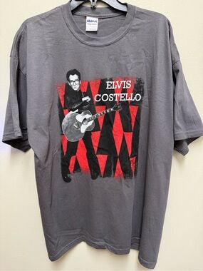 Gildan Gray Elvis Costello Graphic Tee with Red & Black Print